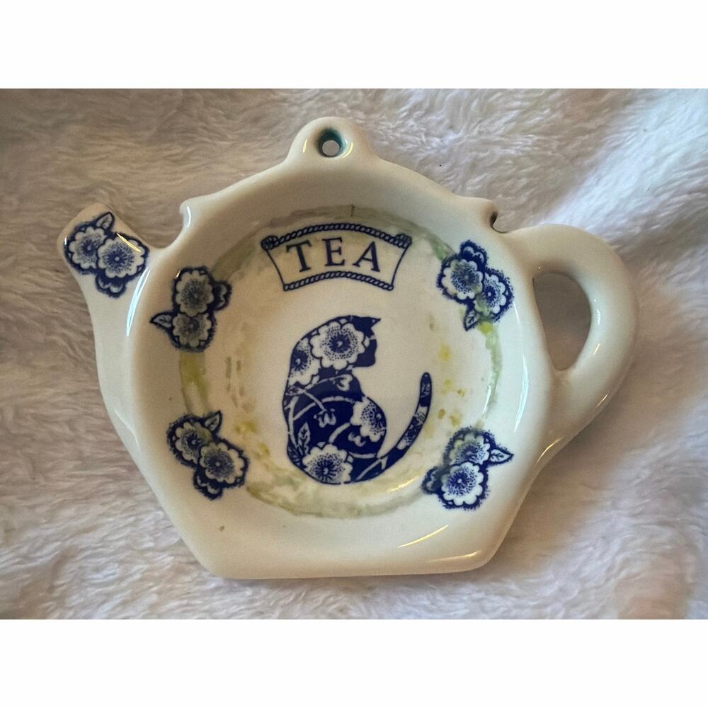 Vintage Crownford England Calico Cat Tea Bag Holder Blue White Teapot Dish